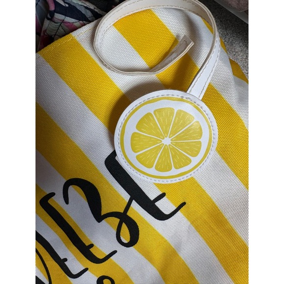 Yellow‎ Striped Tote Bag Squeeze The Day Magnetic Snap Closure Novelty - Picture 3 of 5